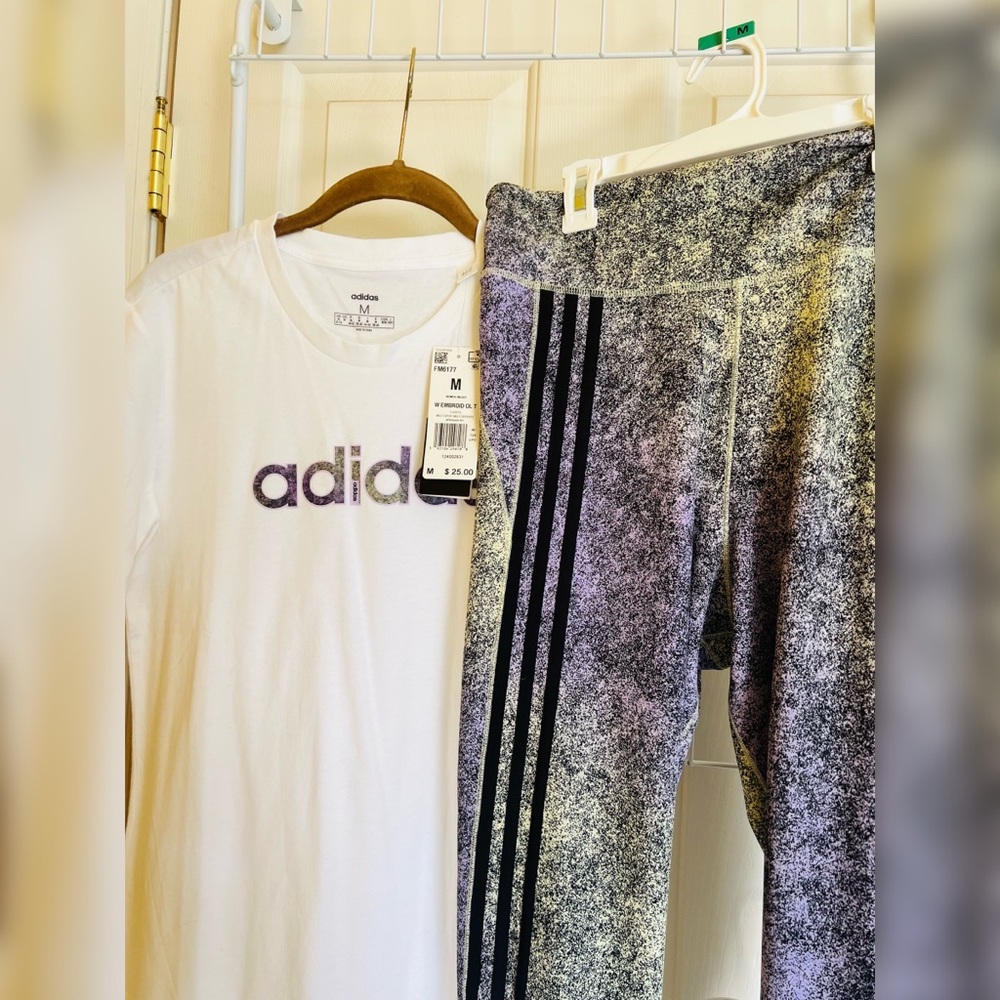 adidas White Tee with Gray/Black Marled Leggings
